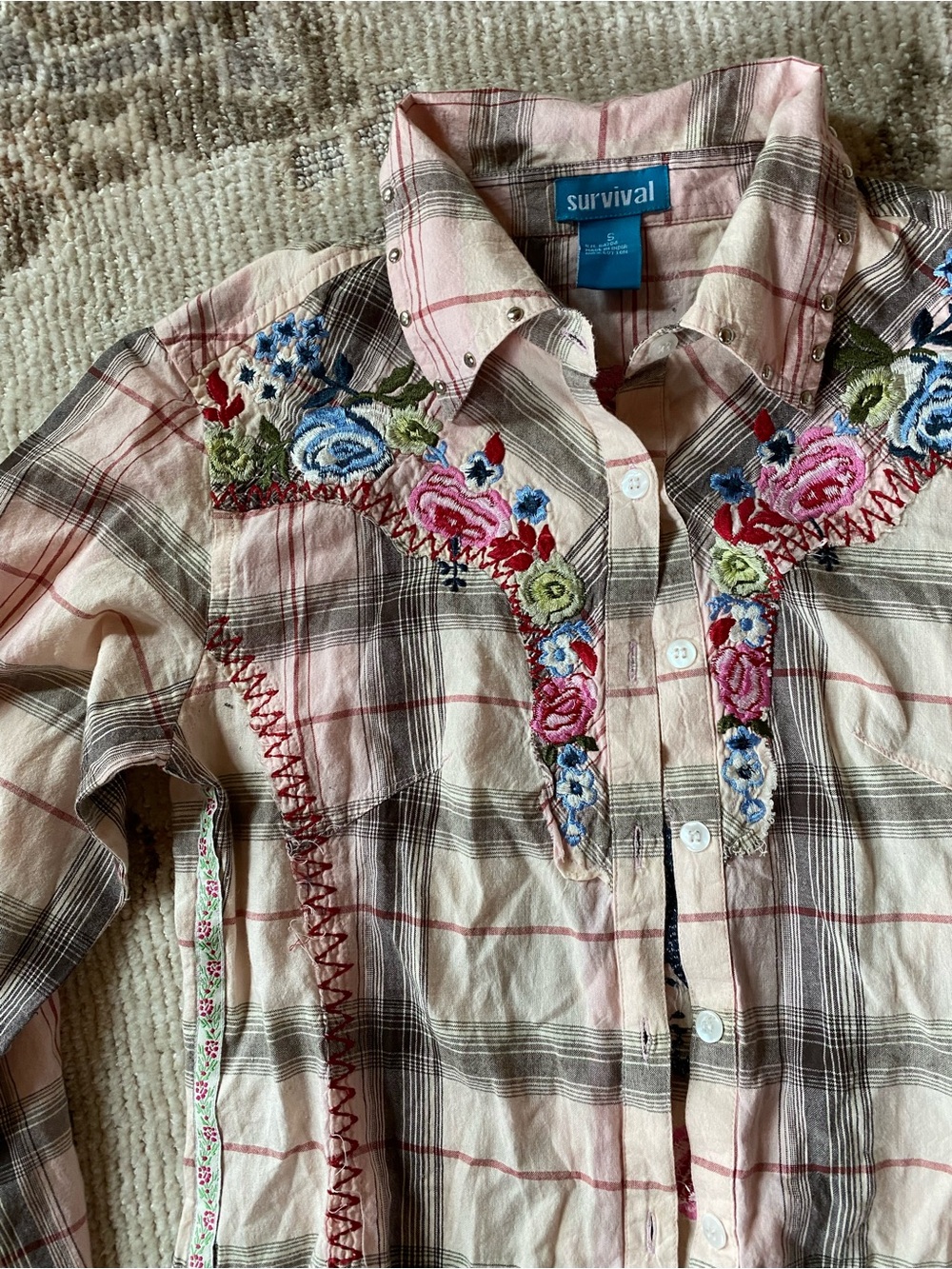 Survival Pink Plaid Embroidered Button-Down Shirt